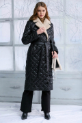 Зимнее женское стеганое пальто с поясом, черное