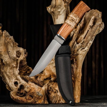 Нож охотничий 14см лезвие  в чехле деревянная рукоять с пробковой вставкой 1297733