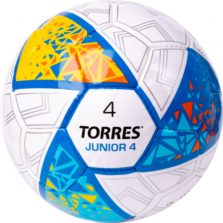 Мяч футбольный TORRES Junior-4 F323804 №4 ПУ 32панели ручная сшивка белый/желтый/голубой